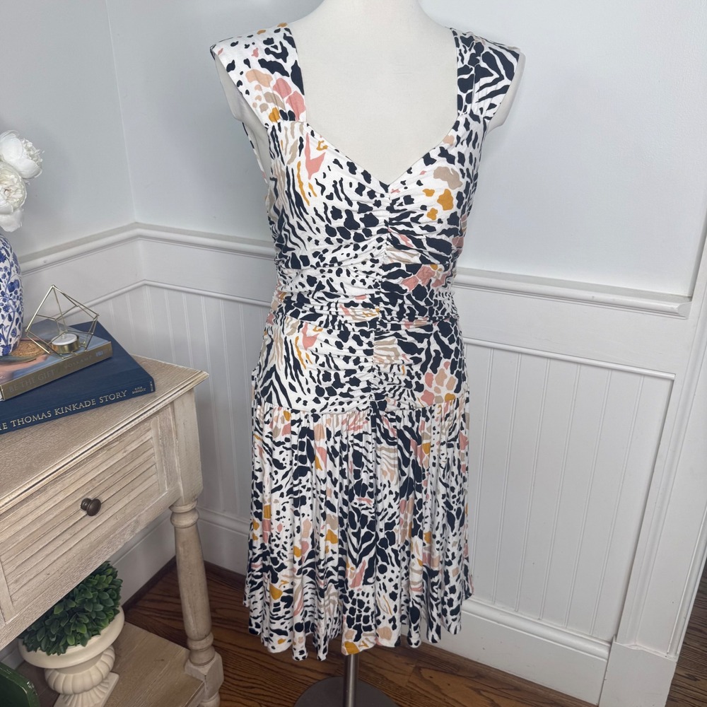 Anthropologie Abstract Animal Print Ruched Tiered Midi Dress Size M